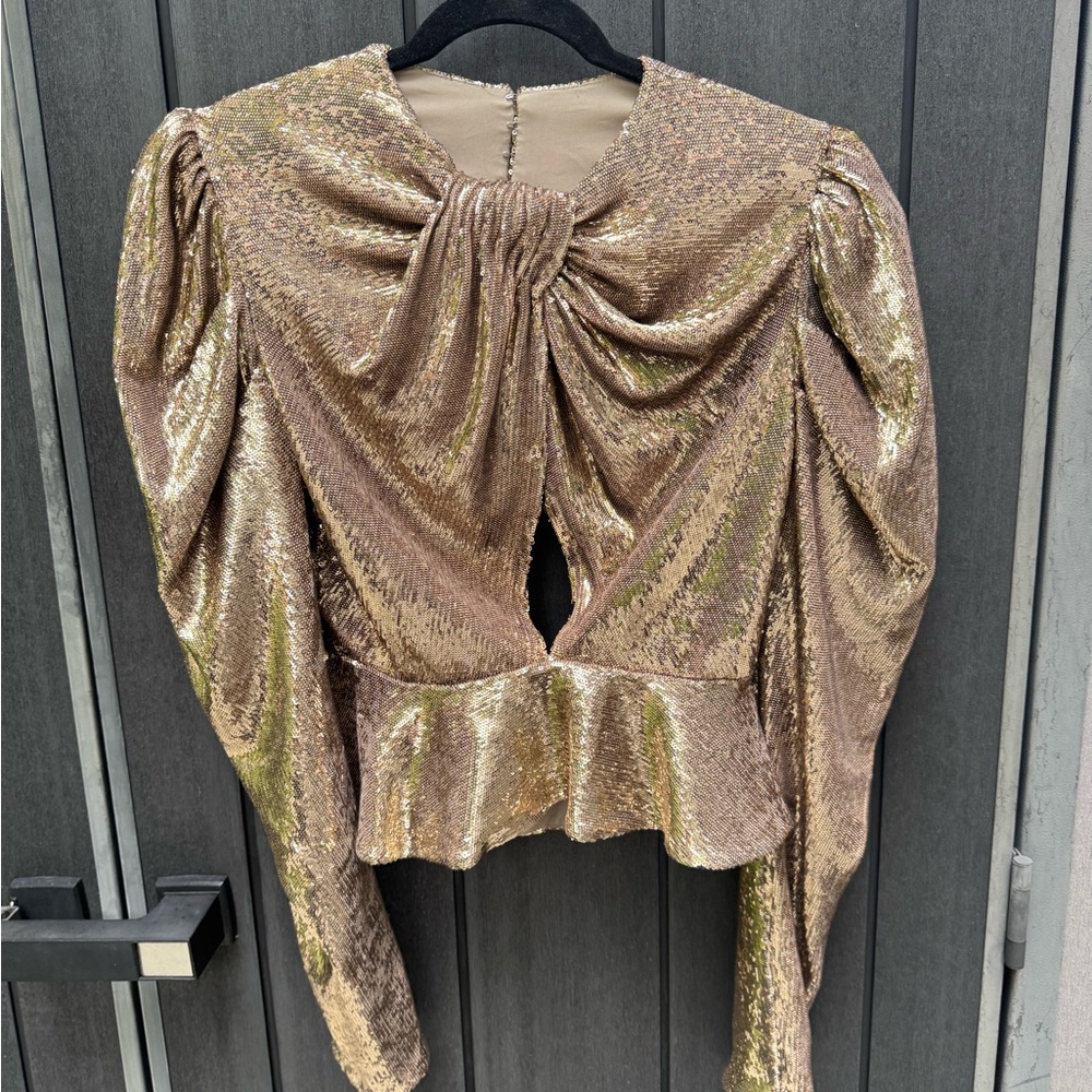 Gold Sequin Peplum Blouse with Puff Sleeves and Ruched Neckline